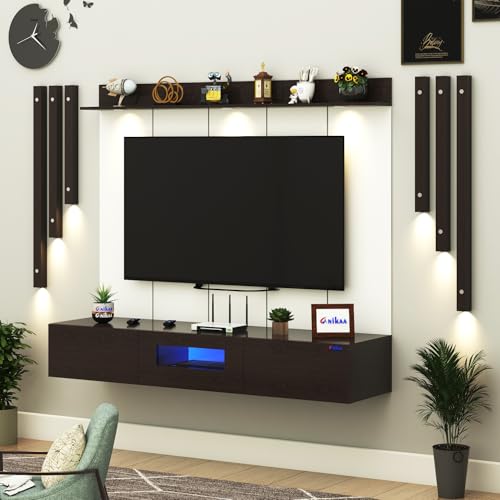 Image of Anikaa LucenPro Engineered Wood Wall Mount TV Unit with PVC Back Panel, Acrylic Blue LED Storage Box, Side Wooden Accent Spot Light Panels I Deal for Up to 50 Inch TV (Wenge - DIY Installation)