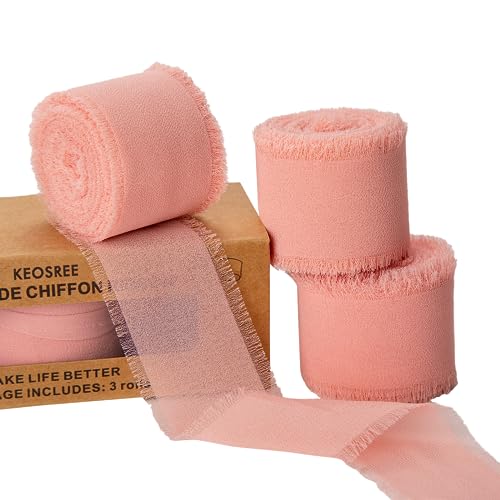 KEOSREE 3 Rolls Blush Pink Handmade Chiffon Ribbon,1.5