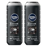 NIVEA MEN Active Clean Shower Gel 500ml | With Active Charcoal to Revitalise Skin | Men's 3-in-1 Body Wash for Body, Face & Hair | Gentle Cleanser | Lasting Freshness (Pack of 2)