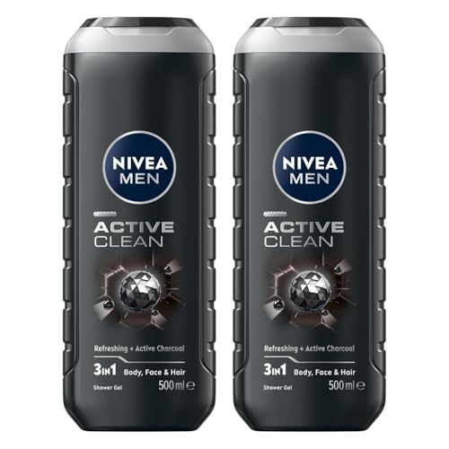 NIVEA MEN Active Clean Shower Gel 500ml | With Active Charcoal to Revitalise Skin | Men's 3-in-1 Body Wash for Body, Face & Hair | Gentle Cleanser | Lasting Freshness (Pack of 2)