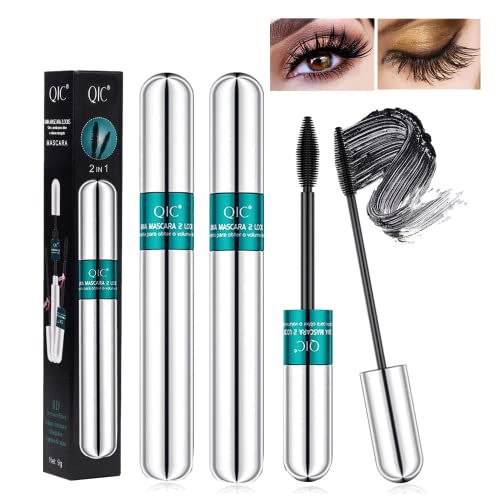 2 Pack Lash Cosmetics Mascara 5x Longer Lash Mascaras 2 in 1 Black Mascara Waterproof Volume and Length Eye Cosmetics Long-Lasting Natural Liquid Eyelash Mascaras Black Makeup