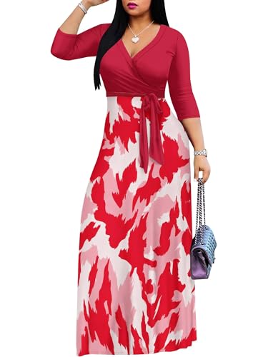 Image of PinkPatty Plus Size Dresses for Curvy Women V Neck Flowy Long Sleeves Wrap Maxi Dress Travel Vacation Outfits