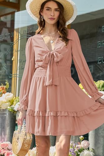 Image of Dokotoo Womens Casual Spring Fall 2025 Deep V Neck Knotted Tiered Chiffon Elegant Mini Short Swing Skater Dresses