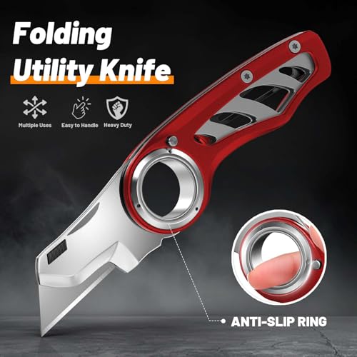 Folding Utility Knife Pocket Knife, Heavy-Duty Box Cutter with Aluminum Body, Quick Change Blades, Anti Slip Finger Loop, Box Cutter for Home, Office, Warehouse, Durable Razor Knife, Box Knife - Red — view 2