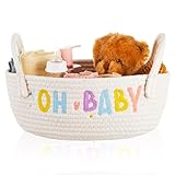 SiliFine Baby Basket for Nursery Empty Baby Shower Basket Woven Baby Print Baby Storage Basket with Handles, 1 Gift Bags and 1 Ribbons for Pregnancy Born New Parents Baby Boys Girls Gift, 12'