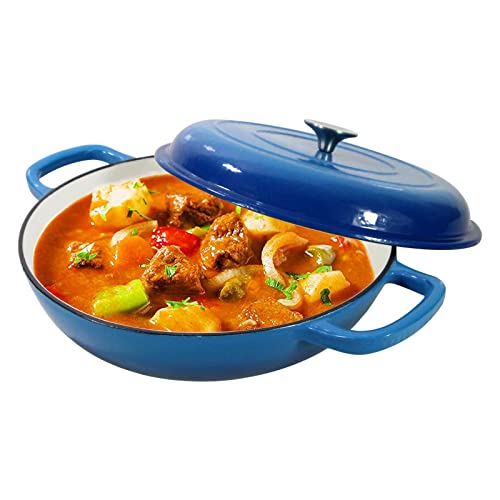 Enameled Cast Iron Dutch Oven Braiser 3.8 Quart Enamel Skillet Pot with Lid - Heavy Duty and Dual Handles Oven Safe Frying Pan for Family or Friends Gifts Blue
