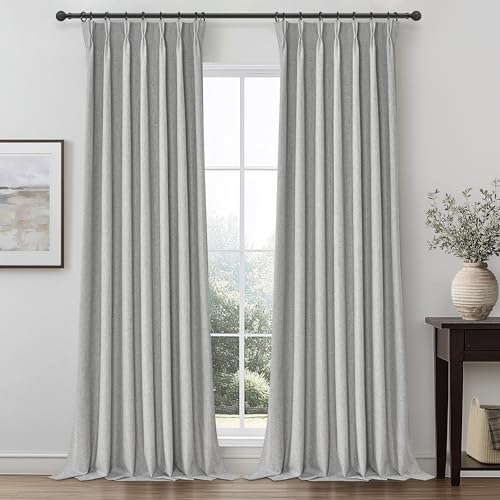 Image of 90 Inch Grey Blackout Curtains 2 Panels Set for Bedroom, Pinch Pleated Textured Linen Blend Soundproof Privacy Gray Window Drapes 90 Inches Long with Hooks Rings Back Tab for Boys Room Darkening Burg