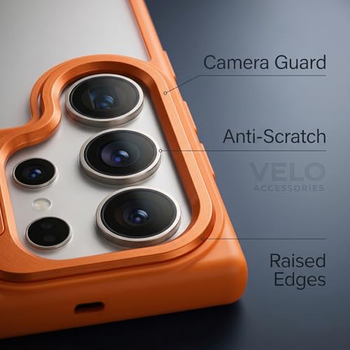 Image of amazon basics Frosted Matte Case for Samsung Galaxy S25 Ultra 5G | Built-in Flip-Out Camera Lens Stand | Translucent Back with Contrast Orange Bumper | Shockproof Protective Cover