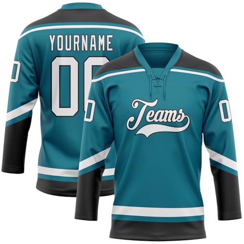 Vintage Men Hockey Jersey Custom Teal Black White, Personalized Breathable Quick Dry Basketball Practice Shirt Lace-up Collar Long Sleeve Youth Hockey Team Uniform Stitched Printed Name Number Logo