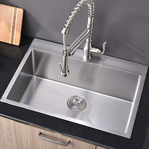 Shaco Commercial 28 Inch 16 Gauge Top Mount Drop-In Single Bowl Basin Handmade T304 Brushed Nickel Kitchen Sink, Stainless Steel 9 Inch Deep Kitchen Sinks, Fregadero #TOP4