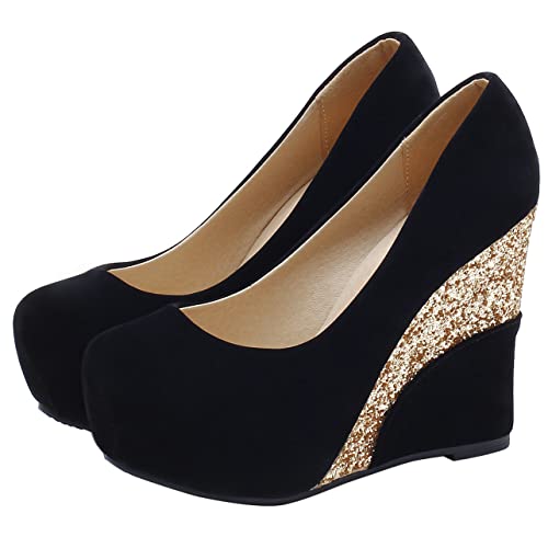 UniqueStride Womens Wedge High Heel Platform Faux Suede Pumps Sequins Glitter Heels Closed Toe Party Wedding Bridal Shoes2