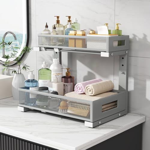 Image of 2-Pack Under Sink Storage Organizer, Large 2-Tier Elegant Mesh Pull Out Shelf for Kitchen and Bathroom Cabinet Organization, L-Shaped and Adjustable Height Design-Gun Gray