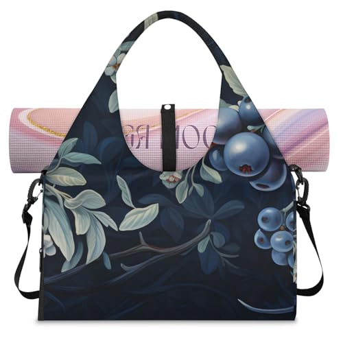 Yoga Tote Bag for Women Fruit Blueberries Beach Bag with Shoe Storage & Yoga Mat Strap Waterproof Weekender Duffle Bag for Travel Fitness Weekend Trips