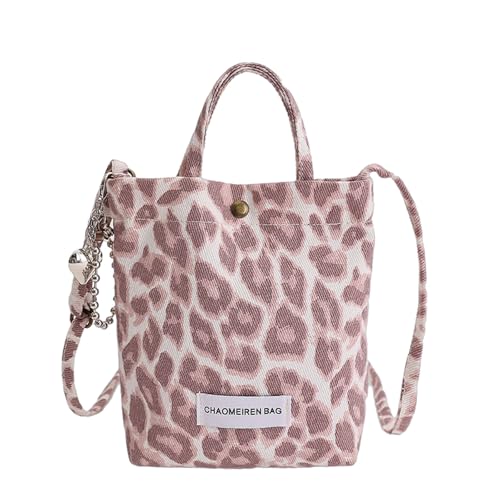 Women Girls Canvas Leopard Print Fashion Shoulder Handbag, Adjustable Strap Convertible Crossbody Phone Bag, Lightweight Durable Handheld Tote for Shopping Work Daily Commute Travel Errands