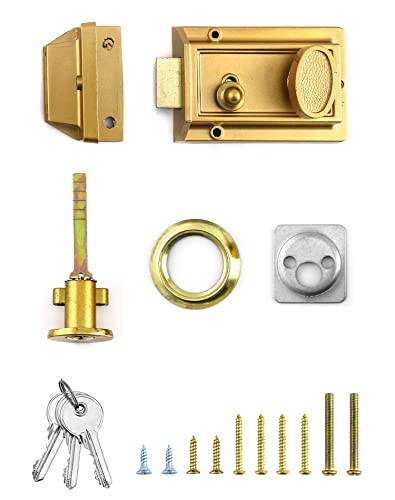 Qwork Night Latch Deadbolt Rim Lock With Key Gold Finish Antique Style Lock With Front Door Key #TOP6