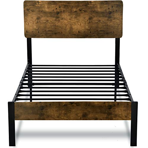 Allewie Twin Size Platform Bed Frame With Wood Headboard And Metal Slats/Rustic Country Style Mattress Foundation/Box Spring Optional/Strong Metal Slats Support/Easy Assembly #TOP6