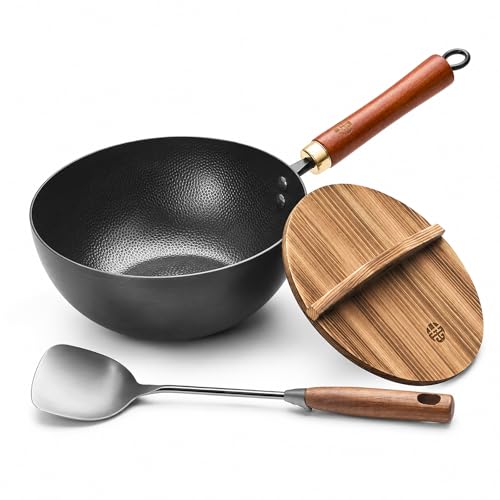 Image of WANGYUANJI 8.7-Inch Carbon Steel Mini Wok, Flat Bottom Small Stir Fry Pan for 1-2 Servings, Uncoated Textured Wok for Gas, Electric, Ceramic & Induction Stoves, with Lid & Spatula