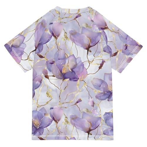 ALAZA Kids Rash Guard Girls Toddler Swim Shirts Short Sleeve Gold Purple Flowers UPF 50+ 3T2