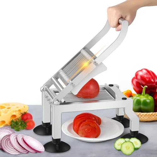 Affettatrice professionale per pomodoro: 10 mm, lama in acciaio inox e base antiscivolo a ventosa, ideale per ristoranti e cucine domestiche.