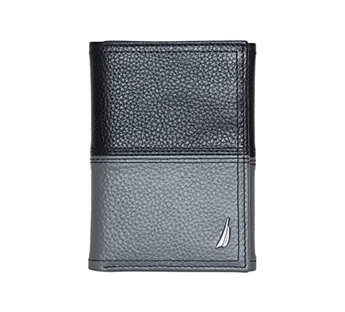 Nautica Men's Pebble Trifold Leather Wallet With 6 Slots, Rfid Protection, And Id Window, Black/Grey #TOP24