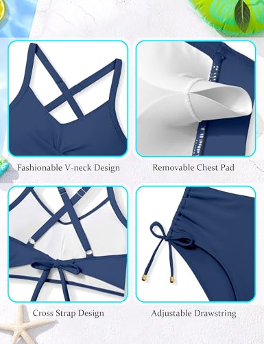 Image of Teen Girls Swimsuits V-Neck Bikini Set Bathing Suits Cross Straps Two Piece Swimwear with Drawstring