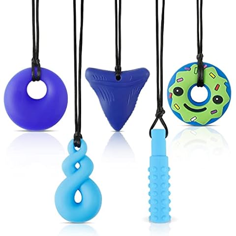 Weinsamkeit Chew Necklace 5 Pcs Baby Teething Toy Chewing Necklace Silicone Safe for Chewing Autism Biting Sensory Silicone Chewy Toys Boys Girls Teether Chew Necklace (A) Cover