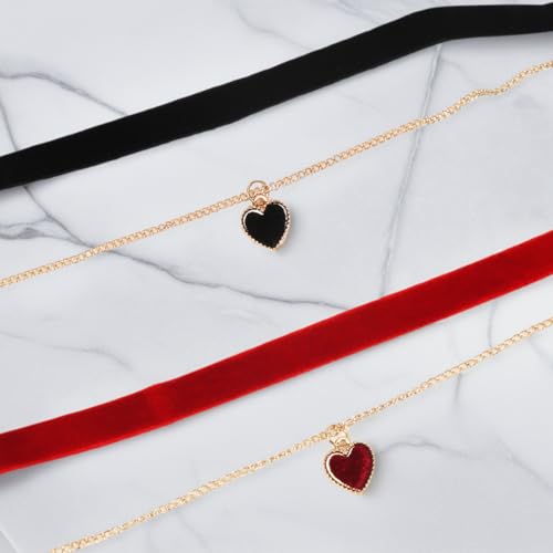 Montrestar 2 Stück Choker Kette Damen Schwarz Rot, Herz Halsband Velvet Verstellbare, Samt Chocker Kette Halskette Schmuck für Damen Mädchen Party Cosplay Halloween Deko und Geschenke
