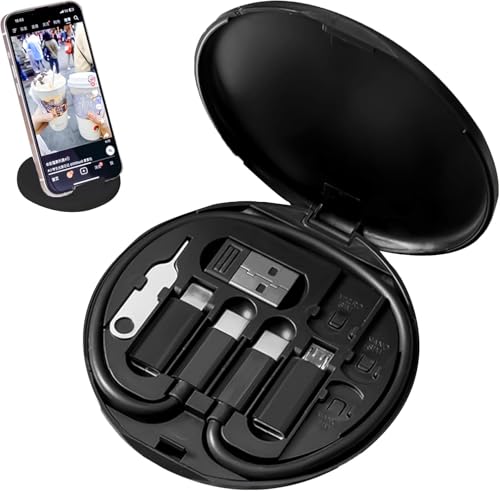 ROKTRY Multifunctional Data Cable Storage Box Adaptor for Lightning, USB-C and Micro-USB Devices Universal Data Transfer Cable Set Contains Card Storage，Phone Holder, Tray Eject Pin(Black)
