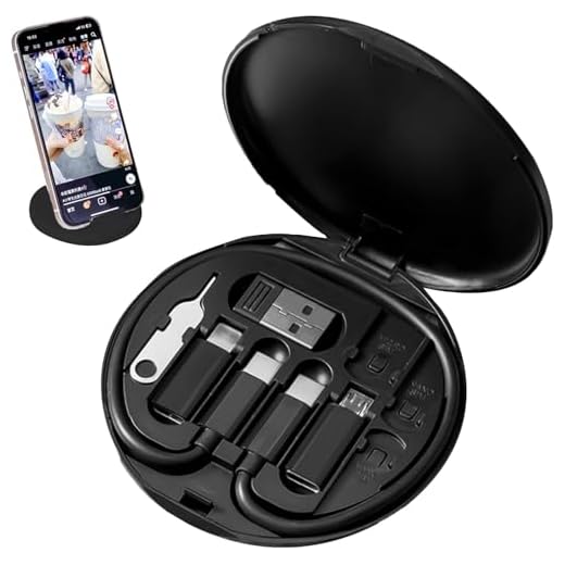 ROKTRY Multifunctional Data Cable Storage Box Adaptor for Lightning, USB-C and Micro-USB Devices Universal Data Transfer Cable Set Contains Card Storage，Phone Holder, Tray Eject Pin(Black)