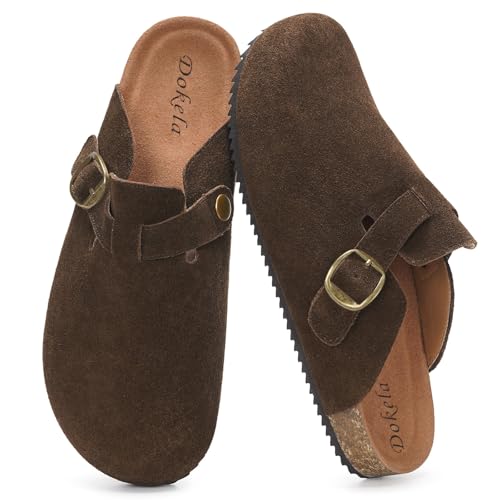 Suede Clogs for Women Men Soft Cork Footbed Leather Mules Comfort Slippers Potato Shoes with Arch Support, Coffee, 6 UK