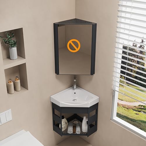 Compact Corner Bathroom Sink, Triangular Wall Hung Ceramic Wash Basin with Storage Container, Toilets and Vanity Cabinets