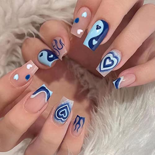 DANMANR Long Press on Nails Square French Fake Nails Full Cover Nude Acrylic False Nails for Women and Girls 24PCS (Blue Heart French)