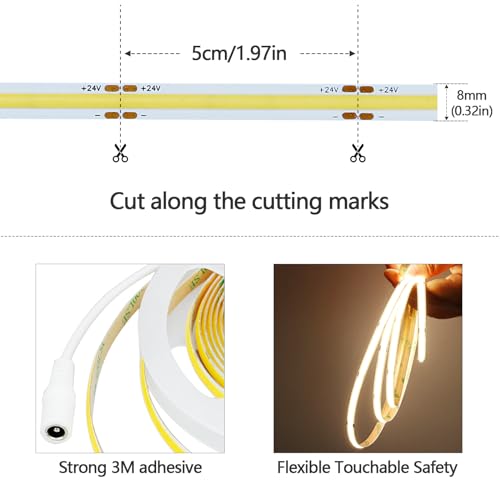 GOMING DC 24V 16.4ft(5M) COB LED Strip Light Natural White 4000K CRI 93+ 4500lm Uniform Glow 480LEDs/M Flexible Not Waterproof IP20 LED Tape Lights for DIY Bedroom Kitchen Home Decor(No Power Supply) - Image 3