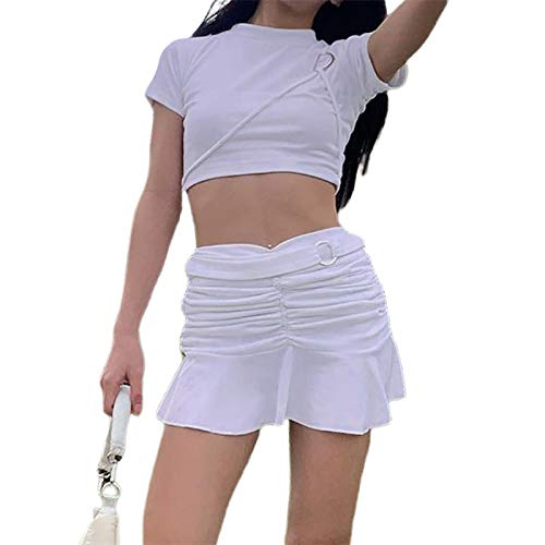 Lyilepu Women Y2K Retro 90S Skirt Casual Pleated Hem Skirt Solid Color Elastic Waist Short Skirt A-Line Skirt Y2K Streetwear Club Dress (WhiteA, Medium)