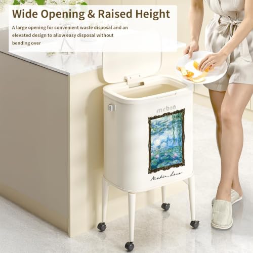 Image of MRBIN Metal Kitchen Trash Can with Wheel Legs, 36L / 9.5gal Medium Press Lid Slim Removable Waste Basket, Pet Proof Tall Narrow Garbage Pail for Vanity, Bedroom, Bathroom, Living Room, Water Lily