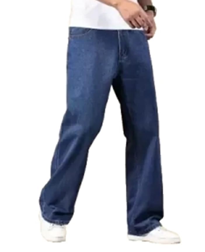 Linaria Regular Fit Dark Blue Baggy Denim Jeans, Plain Style, Loose Straight Cut-image-1