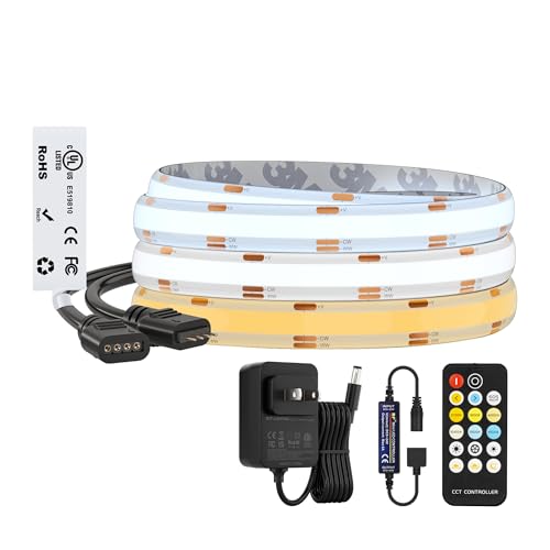 Image of BTF-LIGHTING FCOB COB CCT 3000K-6000K Tunable White LED Strip with RF Remote,UL Listed 24V 9.8FT 640LEDs /m Super Bright Dimmable Tape Light for Bedroom Kitchen Under Cabinet Indoor Decor