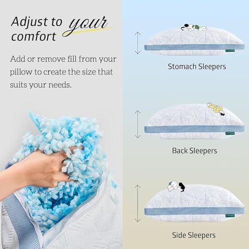 Image of BETU Cooling King Size Pillows Set of 2, Shredded Memory Foam Cool Pillows for Hot Sleepers, Adjustable Firm Soft Support Bed Pillows Perfect for Back Neck Pain and Side Sleeping with Cover, Blue