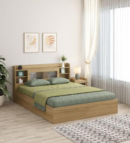 Image of Mintwud Pepperfry Engineered Wood Cavour Queen Size Bed with Box Storage and Open Shelves | Wooden Double Bed Cot Palang Furniture for Living Room Bedroom Home and Hotels (Santana Oak Finish)