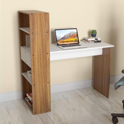 Image of Amazon Brand - Solimo Vista Engineered Wood Study and Computer Laptop Desk with Storage Shelves for Home or Office, WFH Desk for Adults Kids Students - Leon Teak & White