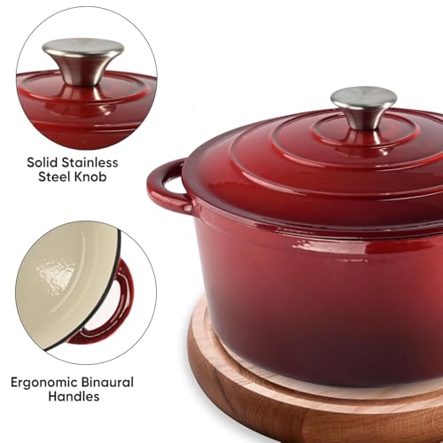 Image of Enamel Coated Induction Base Hard Anodised Non Stick Cast Iron Dutch Oven with Lid & Handles | Cook & Serve Dutch Oven Cast Iron Handi for Cooking | Ombre - Red
