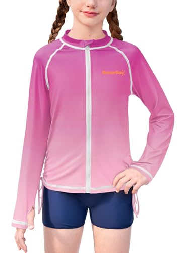 Image of BesserBay Girls Rash Guard UPF 50+ Zip Up Raglan Long Sleeve Adjustable Drawstring Swim UV Jacket 4-14 Years