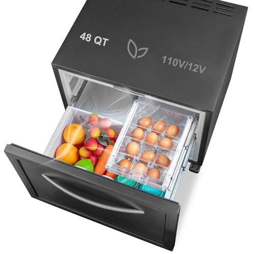 12V Drawer Fridge, 12 Volt Drawer Refrigerator 48QT(45L) Pullout Fridge, Quiet, DC 12V for Travel Camping Road Trips Truck Van SUV, AC 110V for home office, Black