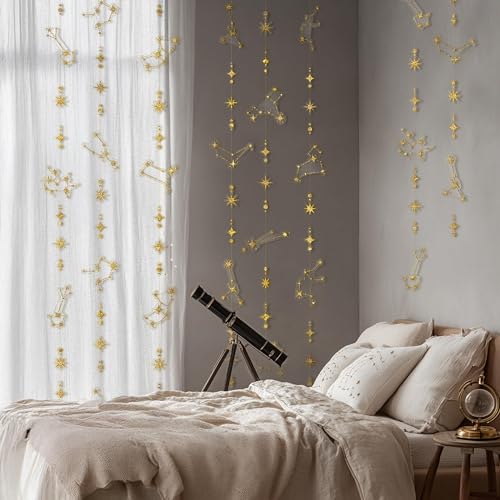 Image of Cheerland Glitter Celestial Party Decorations Constellation Birthday Decoration Star Garlands Witchy Backdrop Astrology Decor Zodiac Theme Banner Hanging Stars Streamer Galaxy Party Suppplies (Gold)