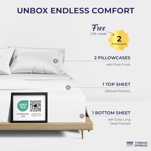 Image of THREAD SPREAD Luxury King Size Sheets Set - 2000 Series 100% Egyptian Cotton Cooling Sheets King Size (4 PC, White), Silky Soft, Cooling, Sateen Weave, 17 inch Extra Deep Pocket Hotel Bedding Set