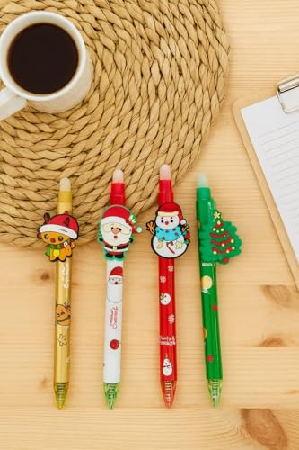 Image of GIFTS- 4 Pcs Christmas Gel Pen Set | Cute Holiday Pens with Santa, Snowman & Tree Toppers | Smooth Blue Ink Writing Pens for Kids & Adults | School Office Stationery | Christmas Gift Pens