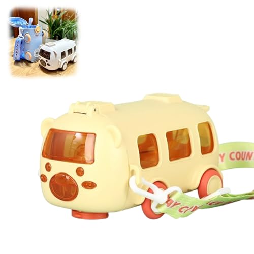 Portable Water Cup in Bus Shape with Strap 16.9 Oz, 360° Leak-Proof Flip Top Straw Cup - Cute Cartoon Design, Detachable & Portable for Travel, Camping(Yellow)