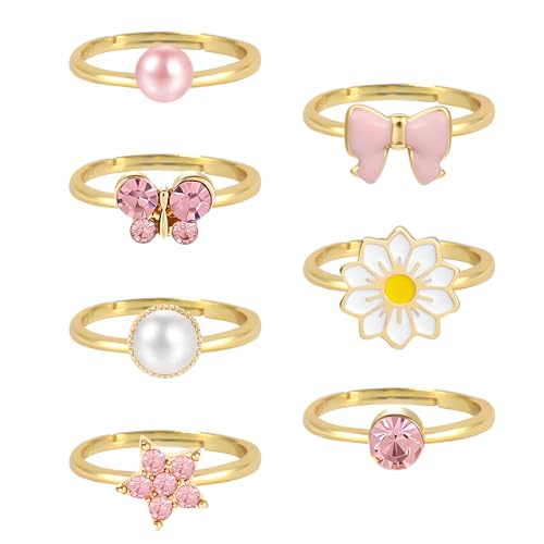 NEWITIN 7 Pieces Cute Rings for Women Crystal Ring Pretend Play and Dress up Rings Adjustable Ring Womens Jewelry Gift for Women