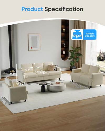 3 Piece Sofa Sets-3 Seater Sofa, Loveseat&Armchair,Chenille Fabric 3-Seat + 2-Seat Couch+ Single Accent Chair Furniture Sets for Living Room(3+2+1 Sofa Sets,Beige - Image 3