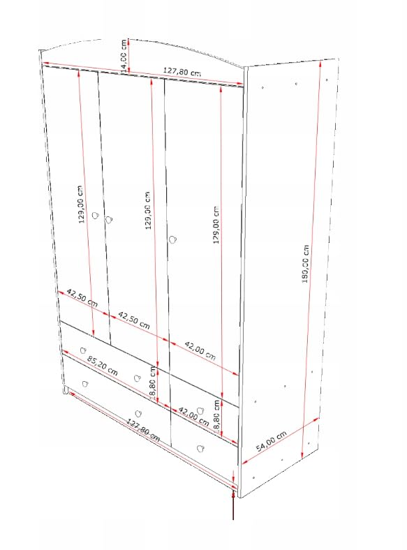 BDW - Armadio con Cassetti - 128cm di Larghezza, 190cm di Altezza - Armadio da Corridoio a 3 Ante, con Appendiabiti e Ripiani - per Camera da Letto, dei Bambini - Rosa 1
